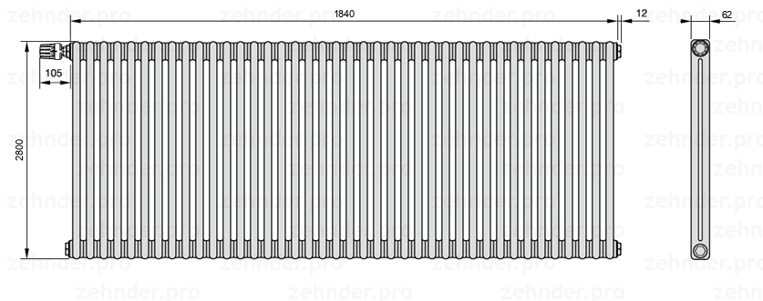 Схема (чертеж) Радиатор Zehnder Charleston 2280/40 №V011 Белый глянцевый RAL 9016